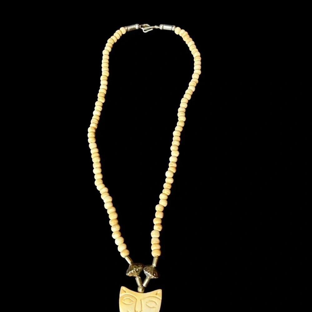 Carved and Beaded Bone Metal Multiple Strand Cat Face Hook and Loop Necklace